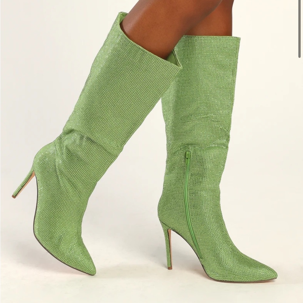 Lulu’s My Crush Green Rhinestone Knee High Boots